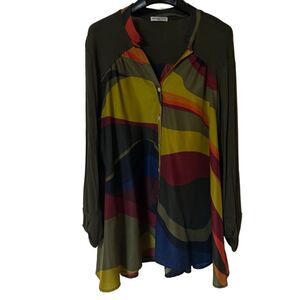 Cha Cha Vente Women’s Green Multiprint Mixed Fabric Long Sleeve Blouse Sz L